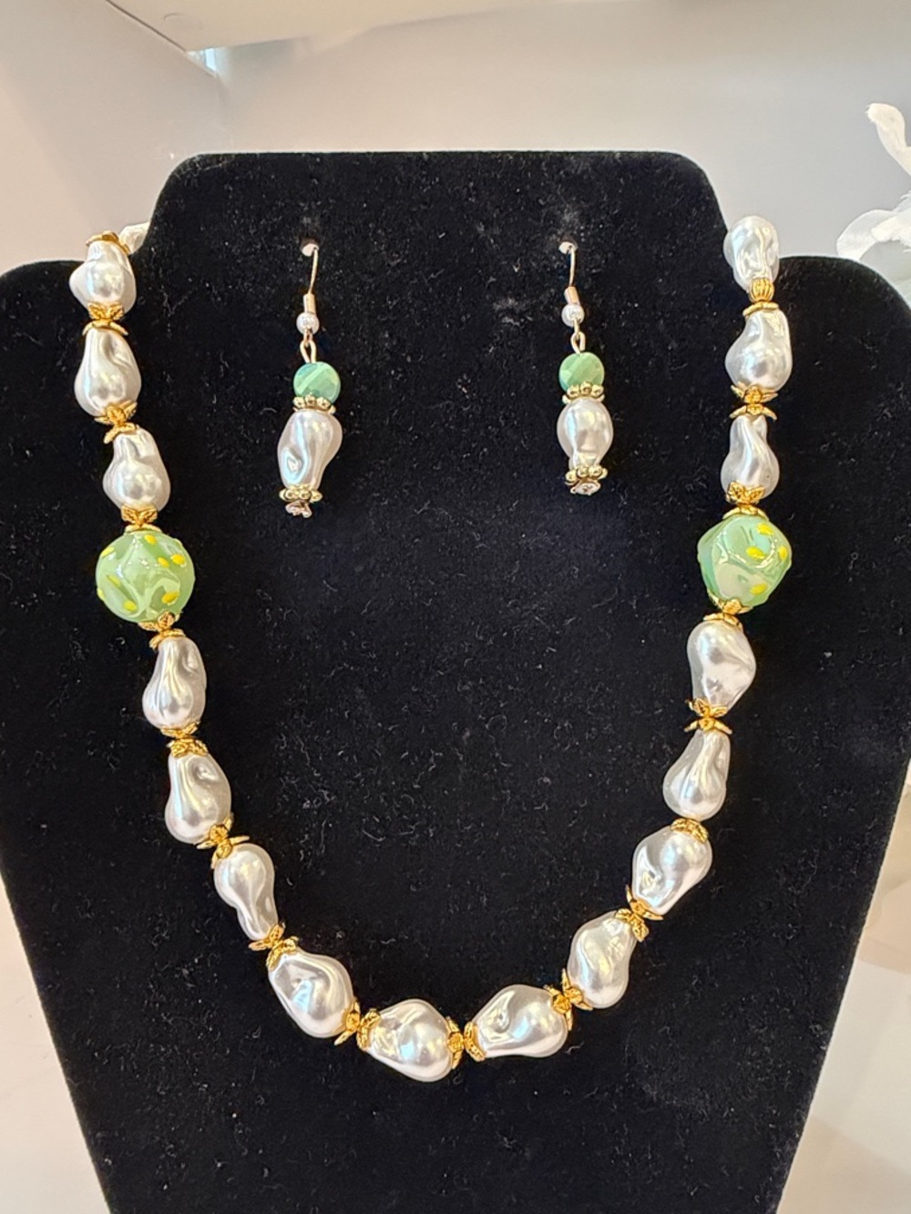 Pearl Drop Necklace & Earring Set with Green Accent Beads